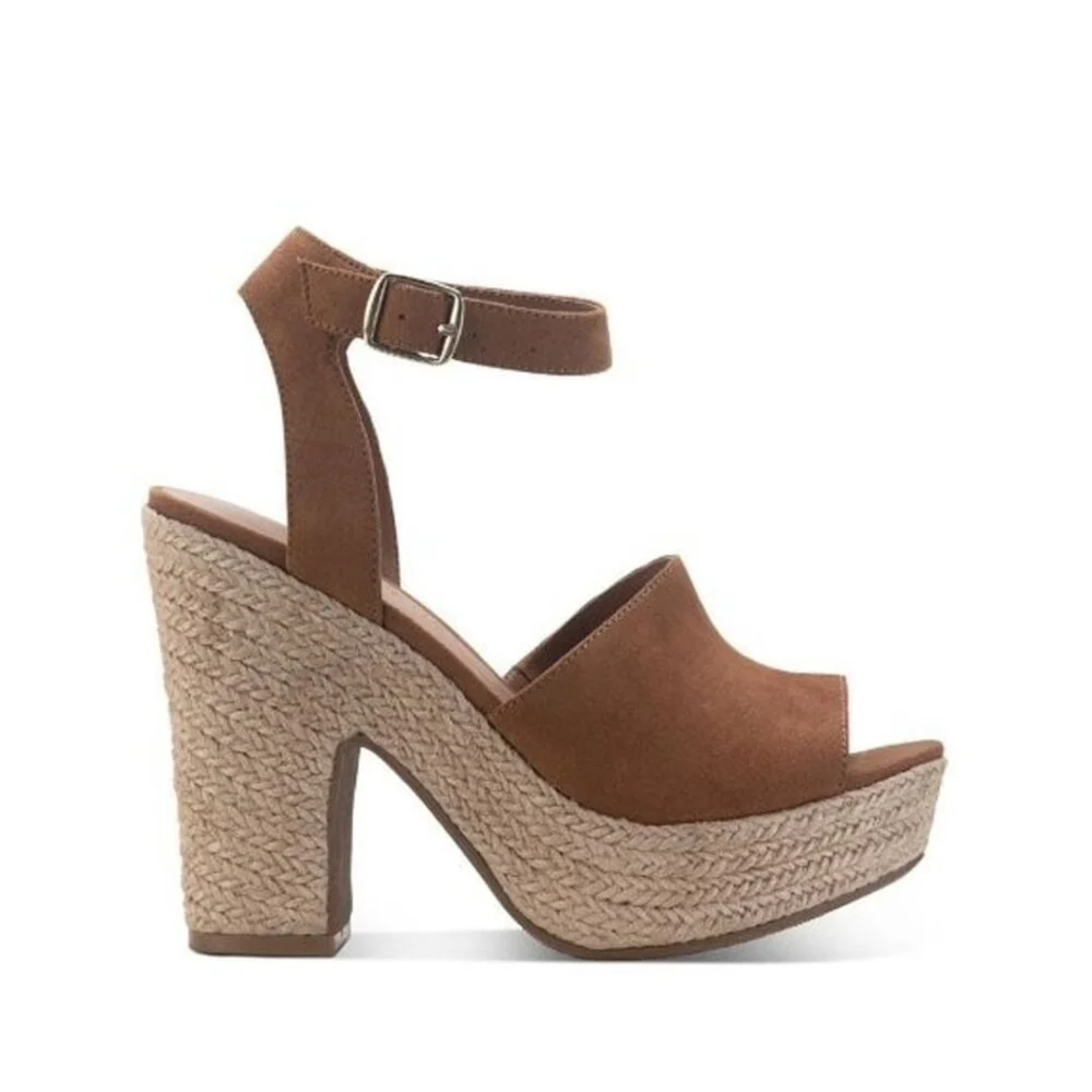 Sun & Stone Micro Suede Cognac Brown Retro Espadrille Platform Sandals 10 M